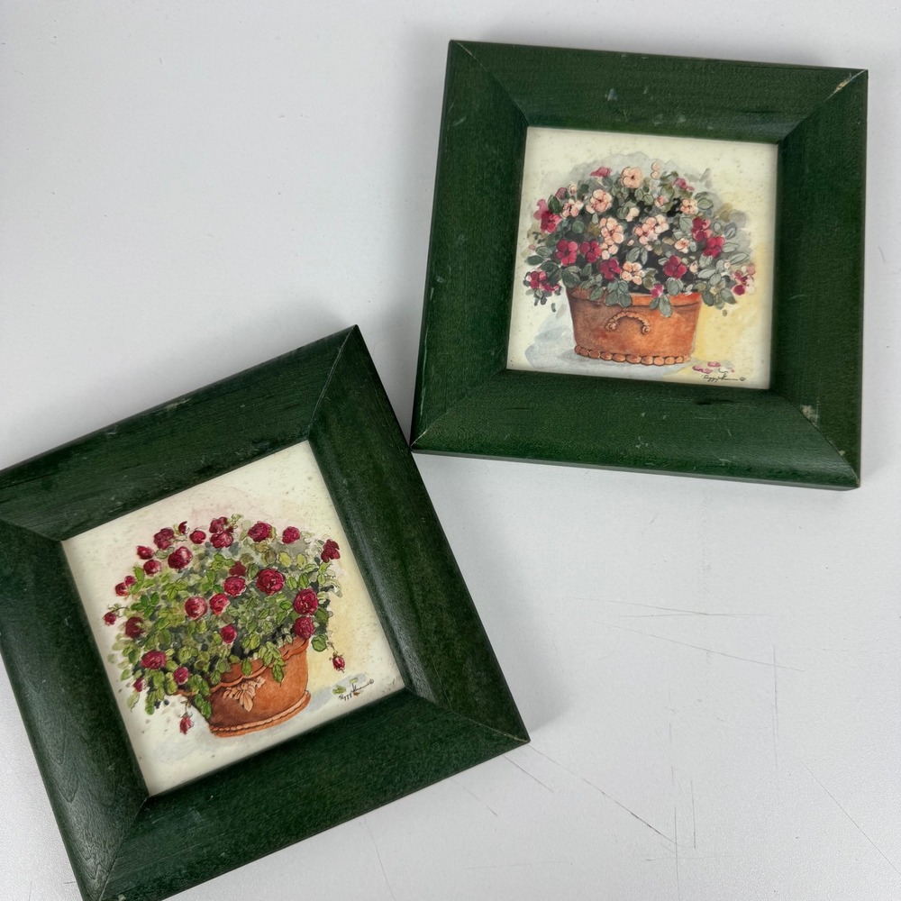 Peggy Abrams Floral Art Prints Set of 2 Green Wood Frames Potted Flowers Vintage